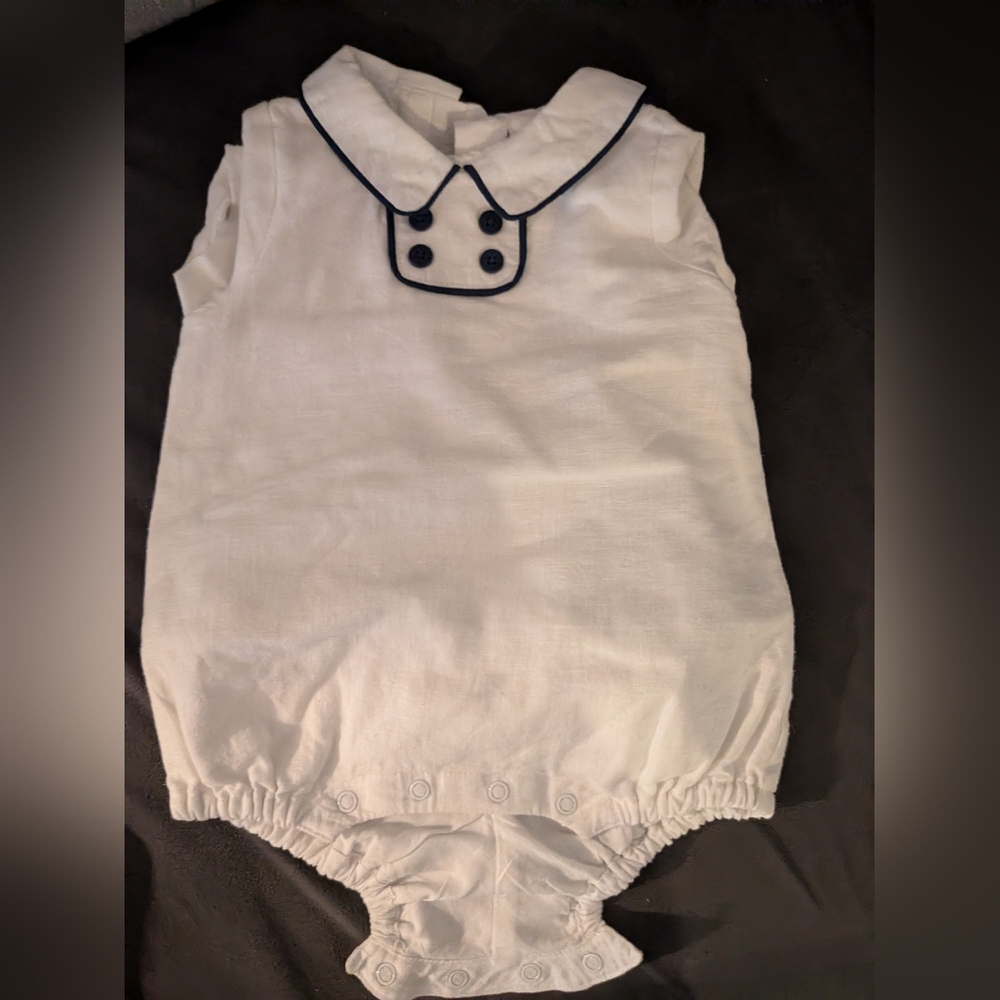 Linen/cotton White Baby Romper with Navy Trim